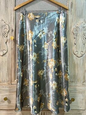 Satin Floral Maxi Skirt in Silver and Yellow